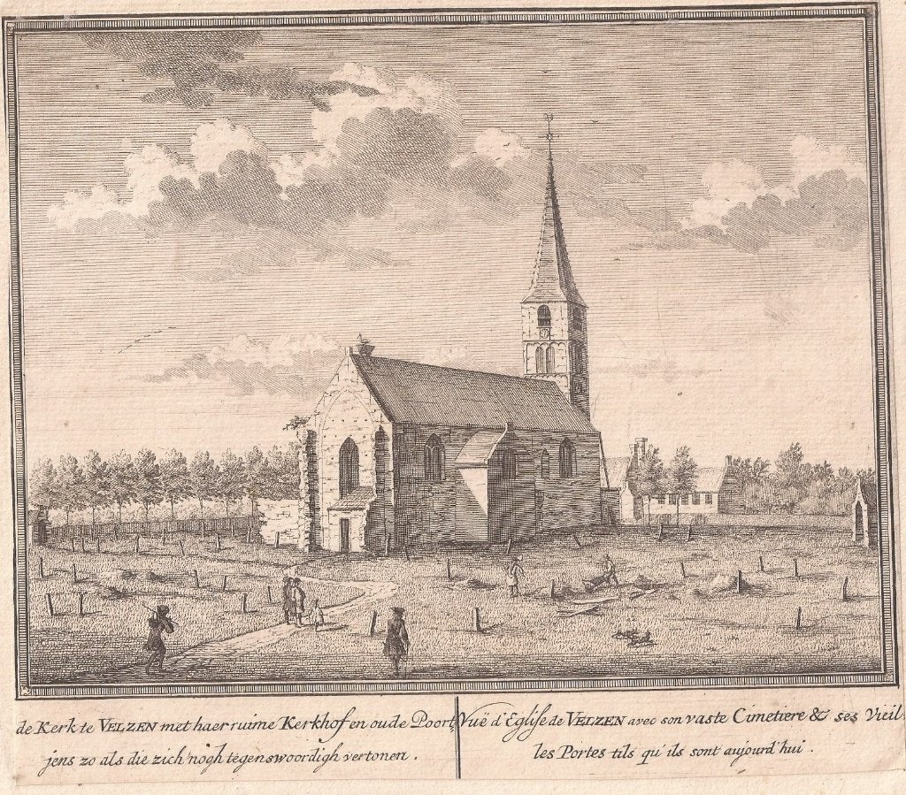 Kerk te Velsen met haer ruime Kerkhof en oude Poortjens 1729
