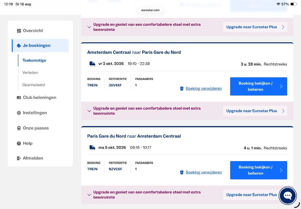 Eurostar Parijs, Eén persoon, Trein, Buitenland, Met bestemming of datum
