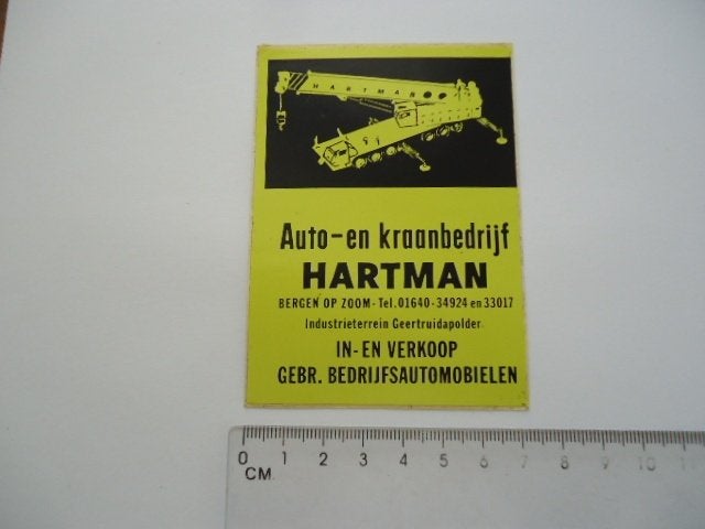 sticker oud HIJSKRAAN Hartman Bergen zoom autobedrijf crane, Verzenden, Zo goed als nieuw, Bedrijf of Vereniging