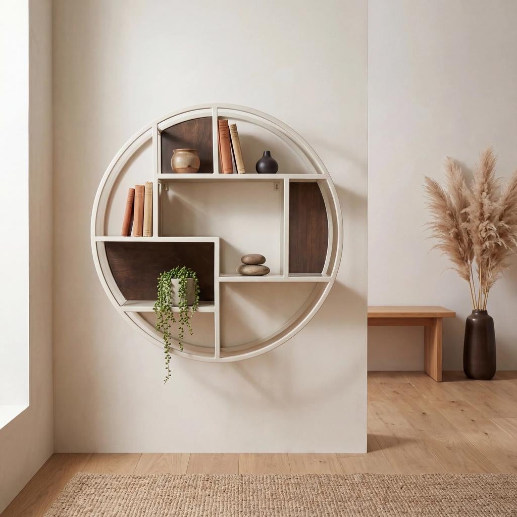 Rond Wandrek Mangohout & Beige Metaal - Eyecatcher 80x80cm, ., Nieuw, Ophalen of Verzenden, .