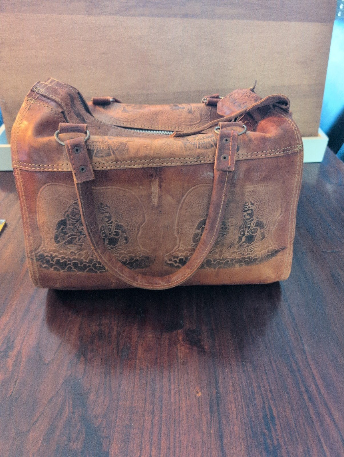 Vintage Leren Handtas met Sri Lankaanse Motieven, Ophalen of Verzenden, Gebruikt, Bruin, Handtas