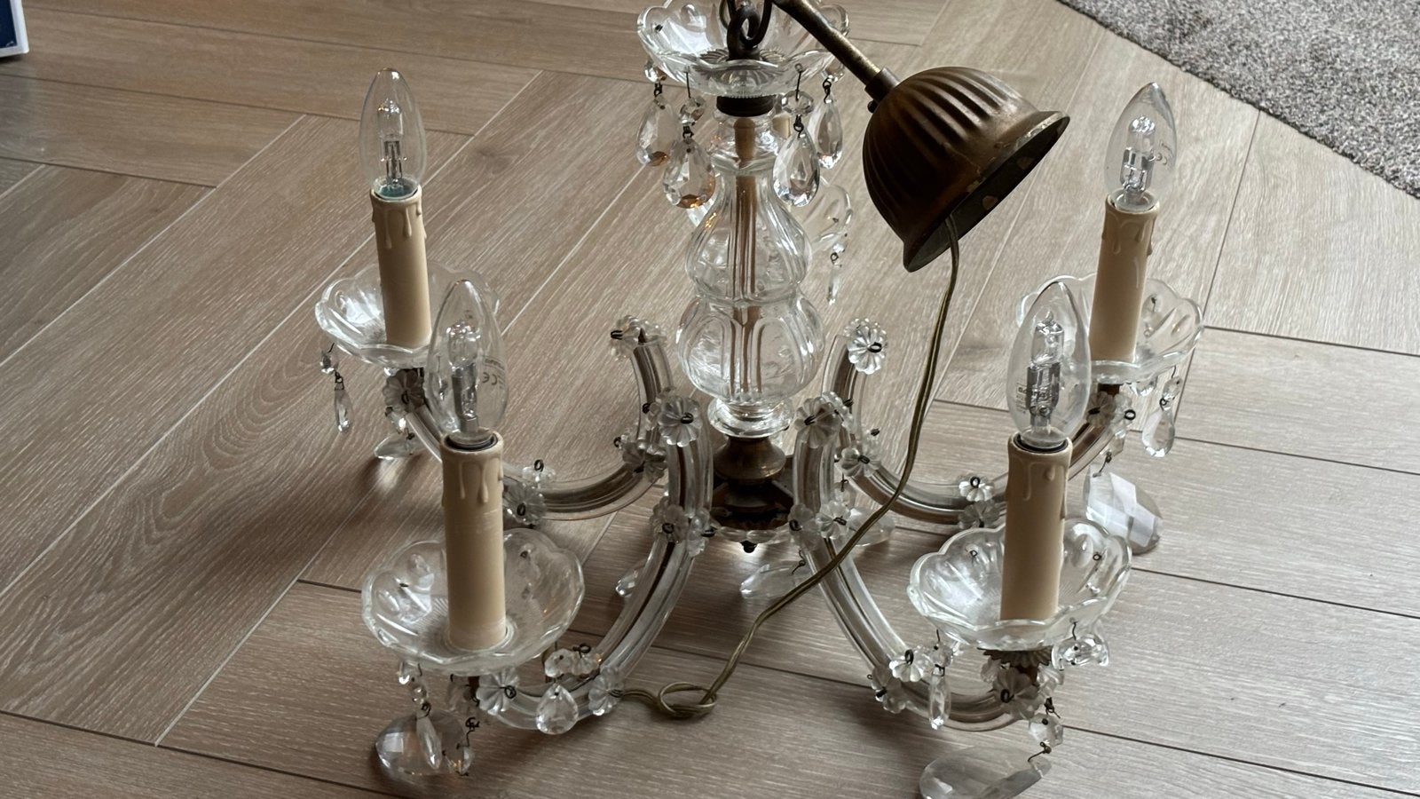 Elegante glazen kroonluchter met 5 armen, Antiek en Kunst, Ophalen