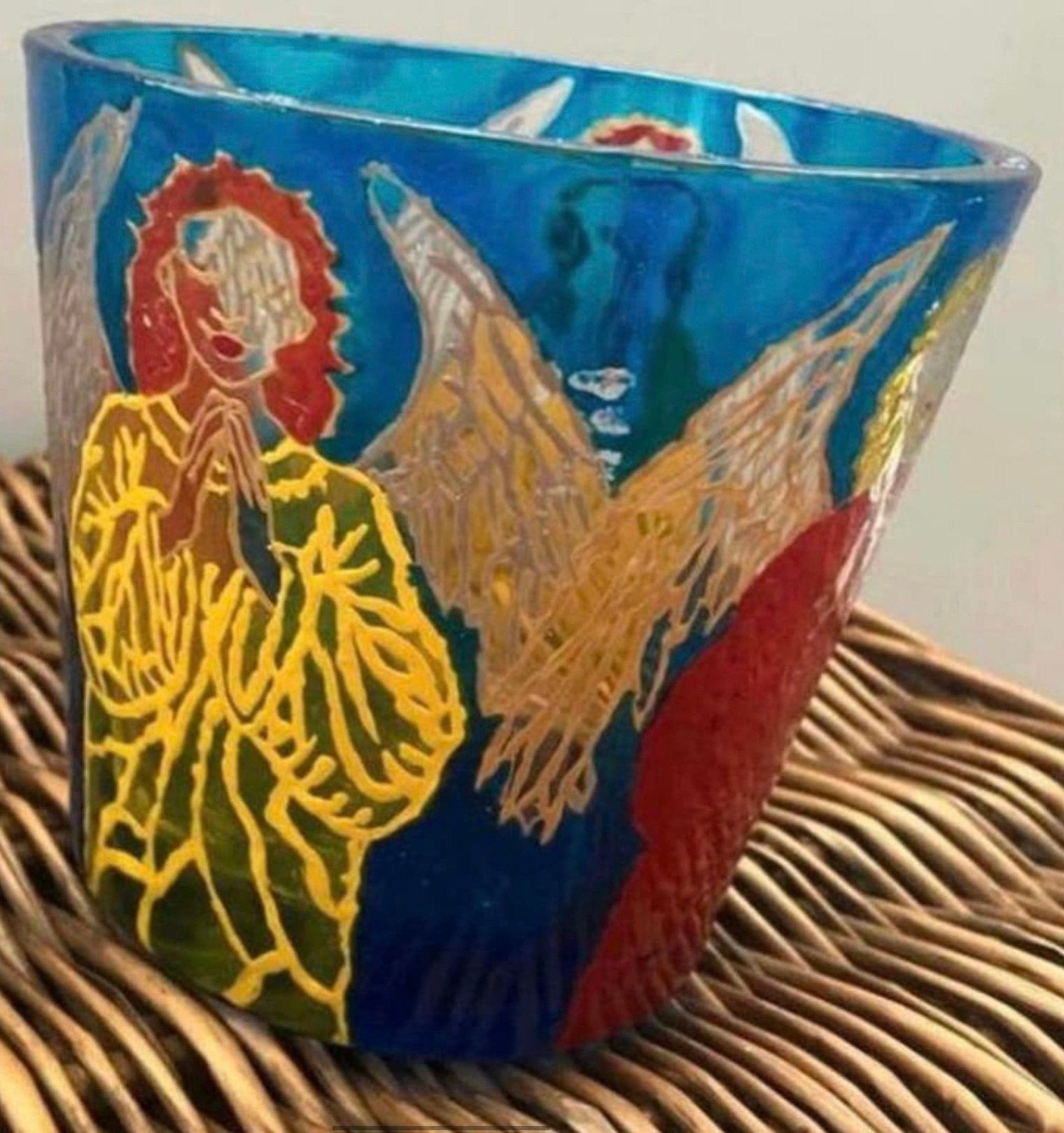 RELIGIEUZE HANDGEMAAKTE VAAS ,MET ENGELEN,ERG MOOI!!, Ophalen of Verzenden
