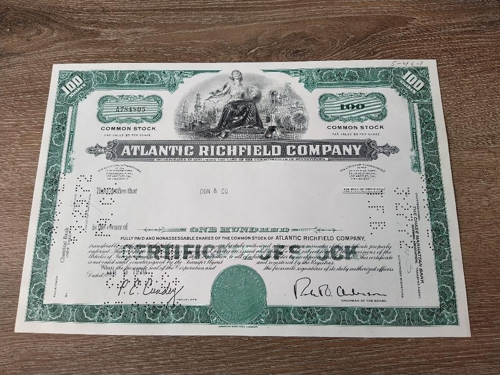 Certificaat van 100 shares "Atlantic Richfield Company", Postzegels en Munten, Aandelen en Waardepapieren, Ophalen, 1970 tot heden