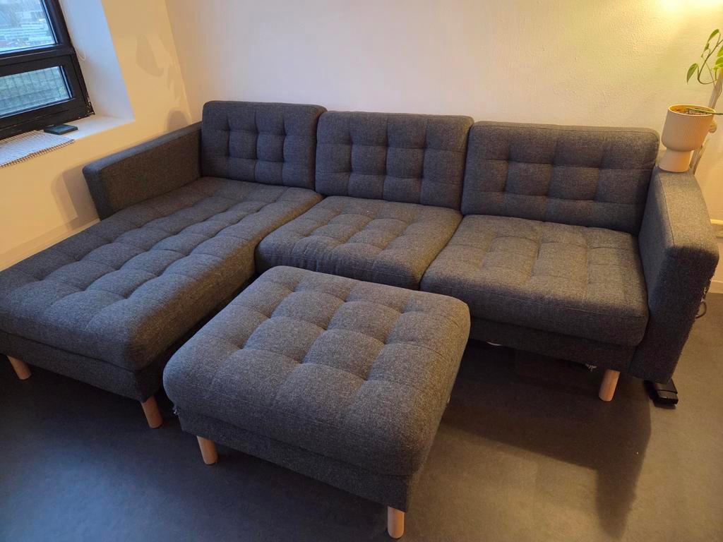 IKEA Landskrona zwart/grijs 3-zitsbank én poef/voetenbank, Ophalen, Gebruikt