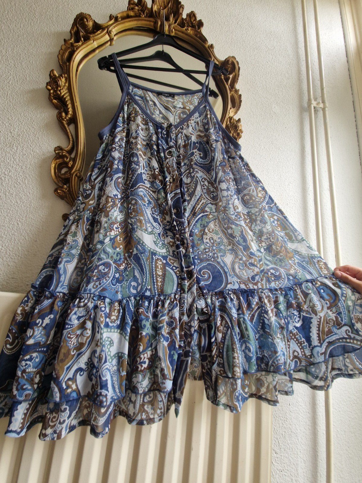 X-Two bruin blauw wit voile doorknoop tuniek vestje, X-Two, Blauw, Blouse of Tuniek, Ophalen of Verzenden