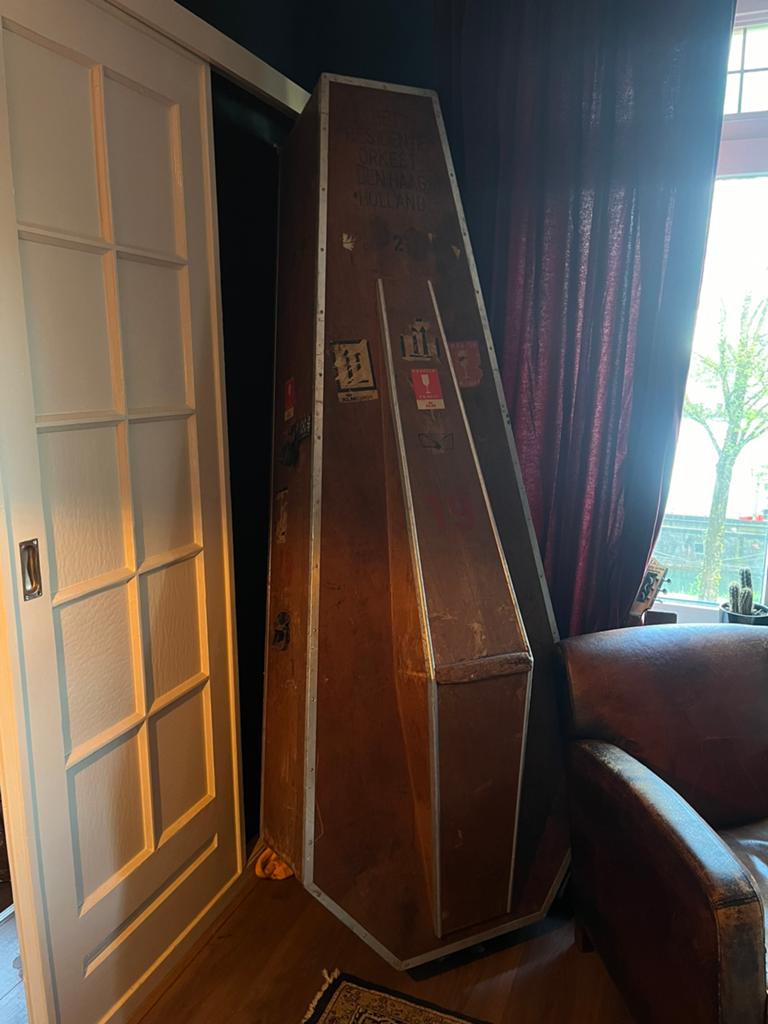 Oude houten Contrabas flightcase, residentie orkest Den Haag, Muziek en Instrumenten, Ophalen, Gebruikt