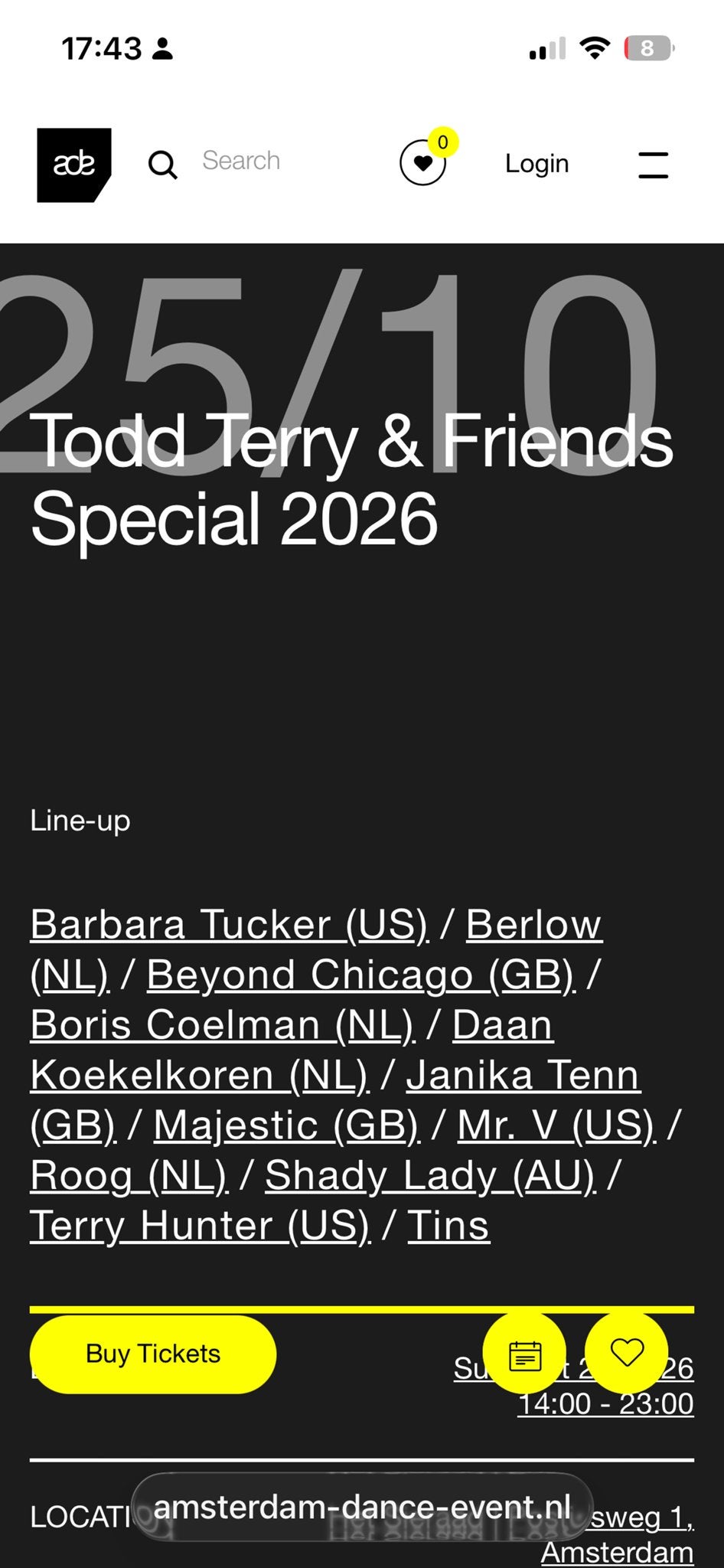 ADE zondag Todd Terry & Friends, Tickets en Kaartjes, Eén persoon, Oktober
