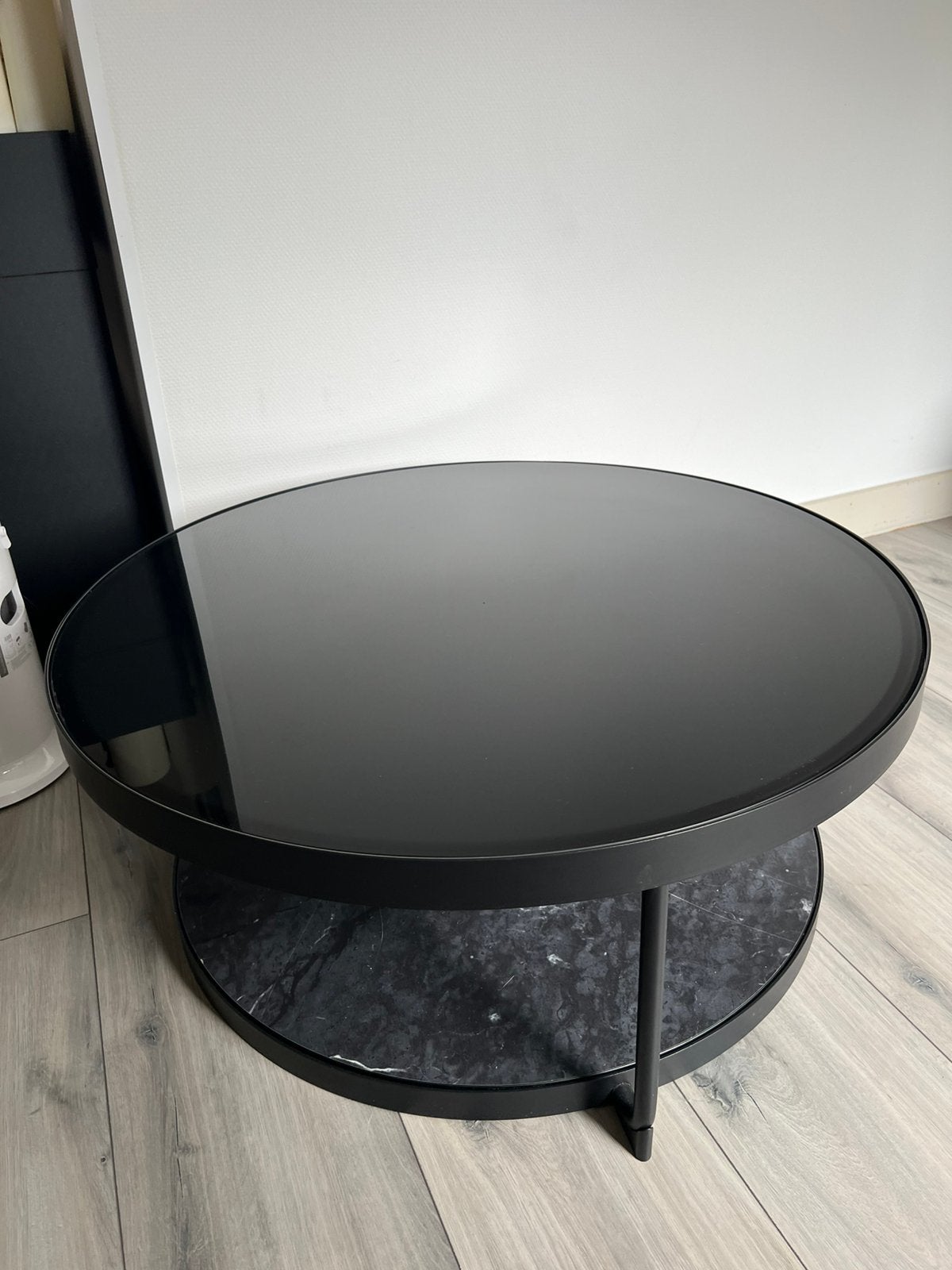 Ronde salon tafel glas zwart marmer, Ophalen, 100 tot 150 cm, 50 tot 100 cm, Rechthoekig