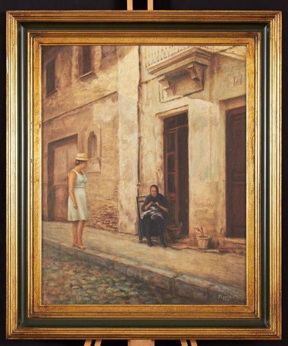 Mediterraans straatje – Florin M. (1975) schilderij 61x51 cm, Antiek en Kunst, Kunst | Schilderijen | Klassiek, Ophalen of Verzenden