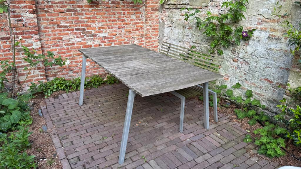 Robuuste houten RVS tuintafel, Ophalen, Gebruikt, Eettafel, 6 zitplaatsen