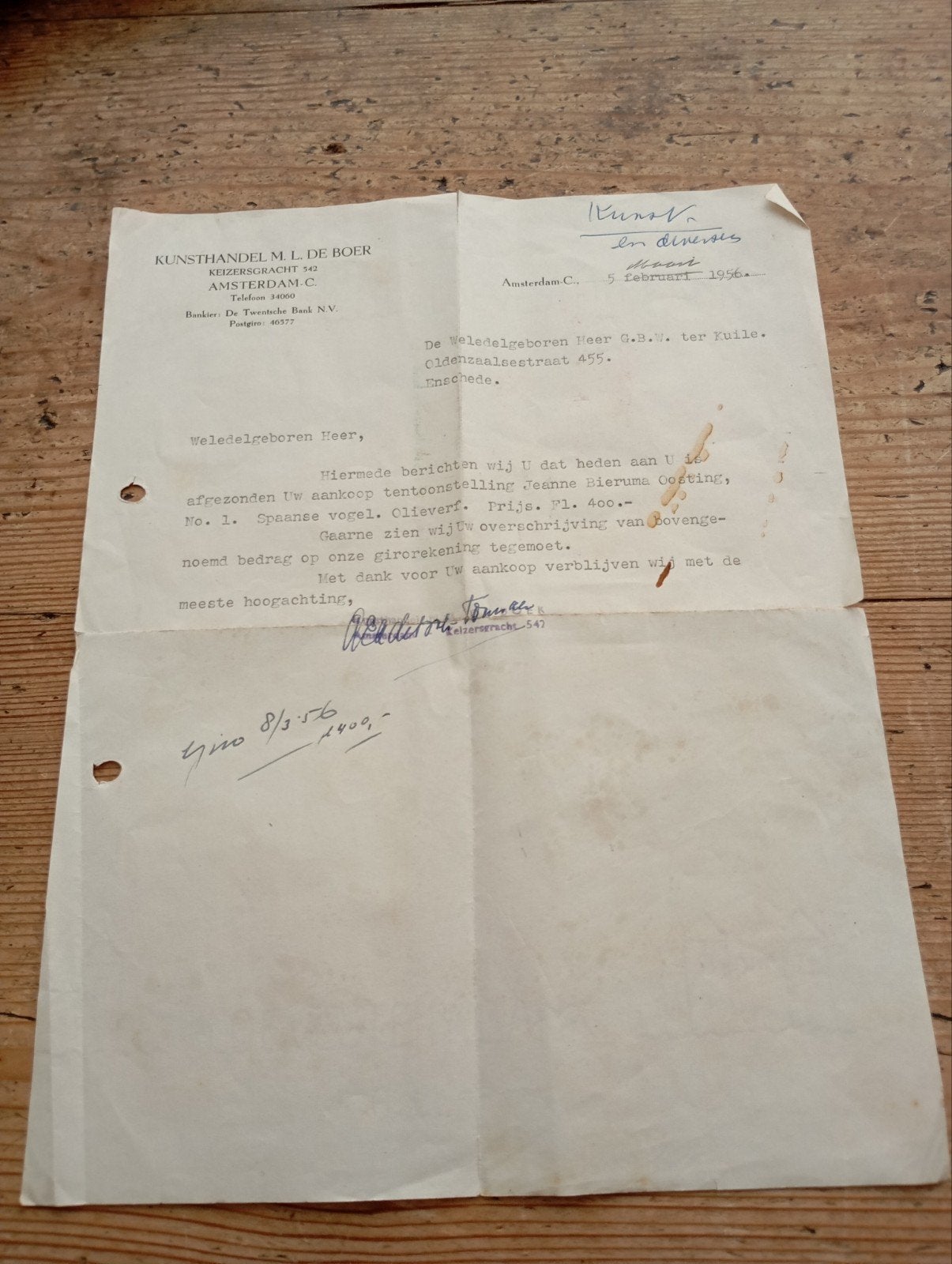Vintage Kunsthandel No.1 Spaanse vogel Olieverf Keizersgrach, Ophalen of Verzenden