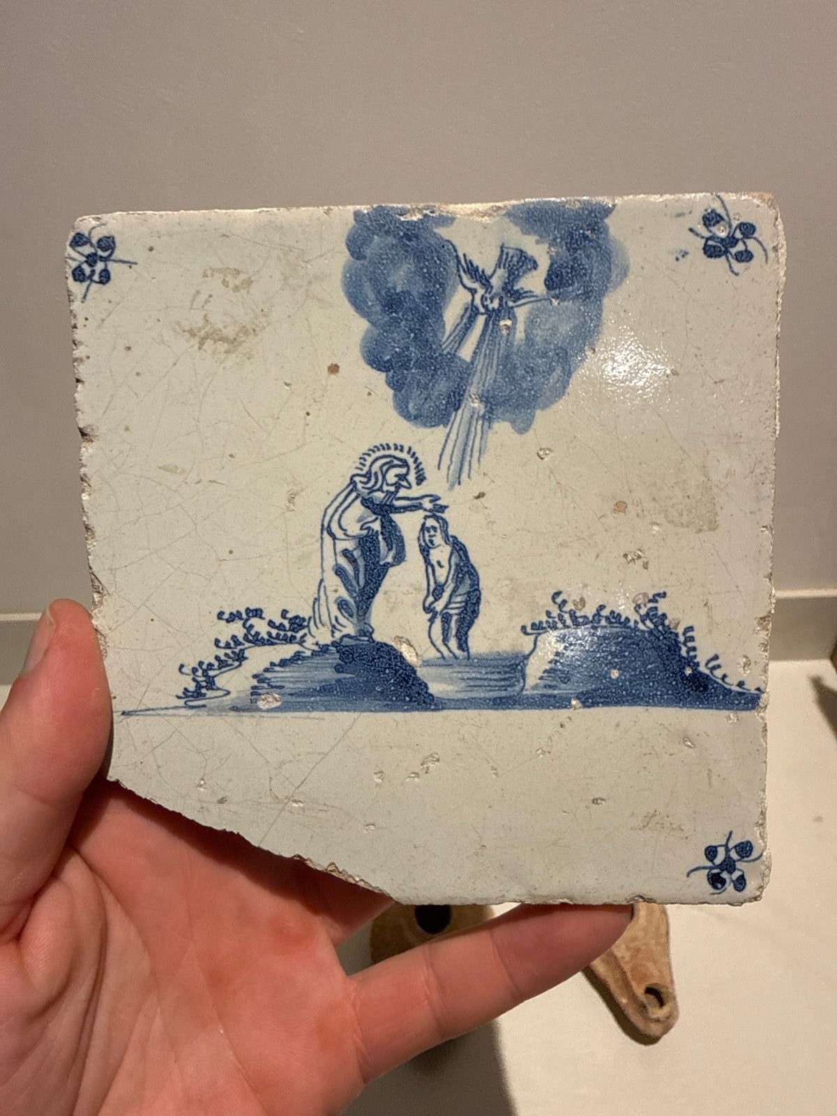 Antieke Delfts Blauwe Wandtegel - Doop van Christus, Ophalen of Verzenden