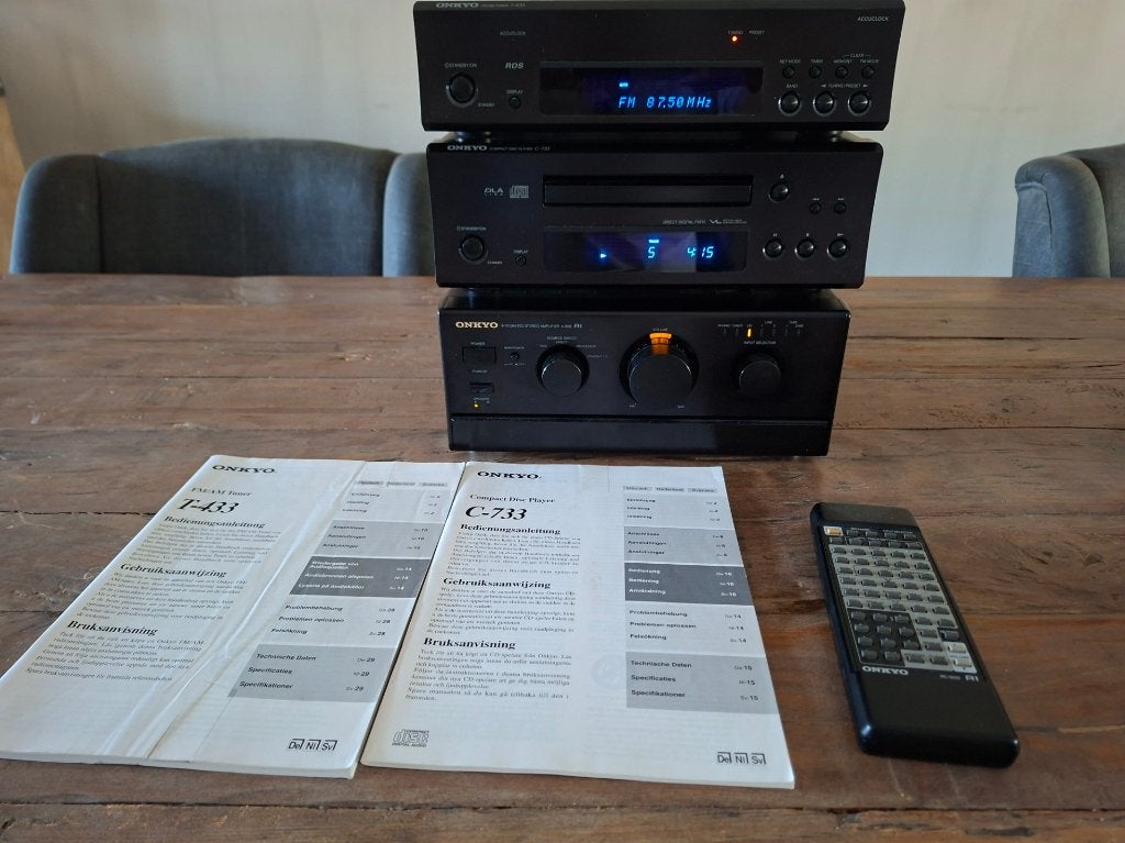 High end Onkyo set Versterker A922, CD speler C 733, Tuner T, Losse componenten, Zo goed als nieuw, Cd-speler, Ophalen