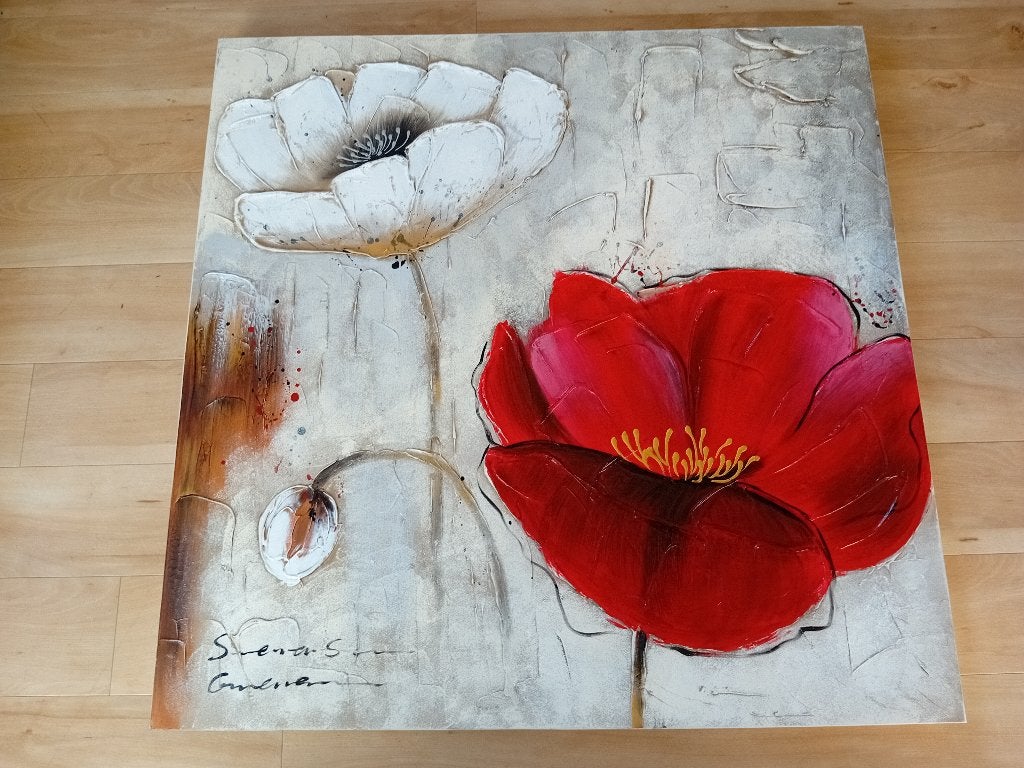 Schilderij met rode en witte bloem, 100x100cm., Antiek en Kunst, Kunst | Schilderijen | Modern, Ophalen, Bloemen