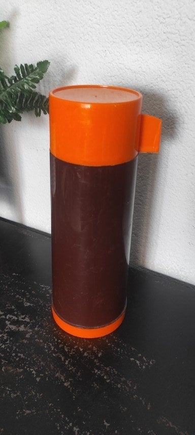Vintage thermosfles bruin oranje, Kunststof, Ophalen of Verzenden, Overige typen, Gebruikt