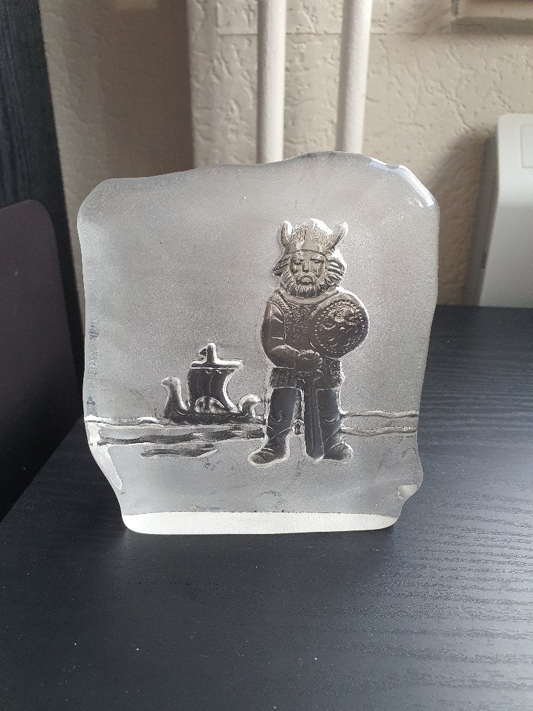 Vintage Zweeds Kristal – Viking & Langschip Reliëf, Ophalen of Verzenden