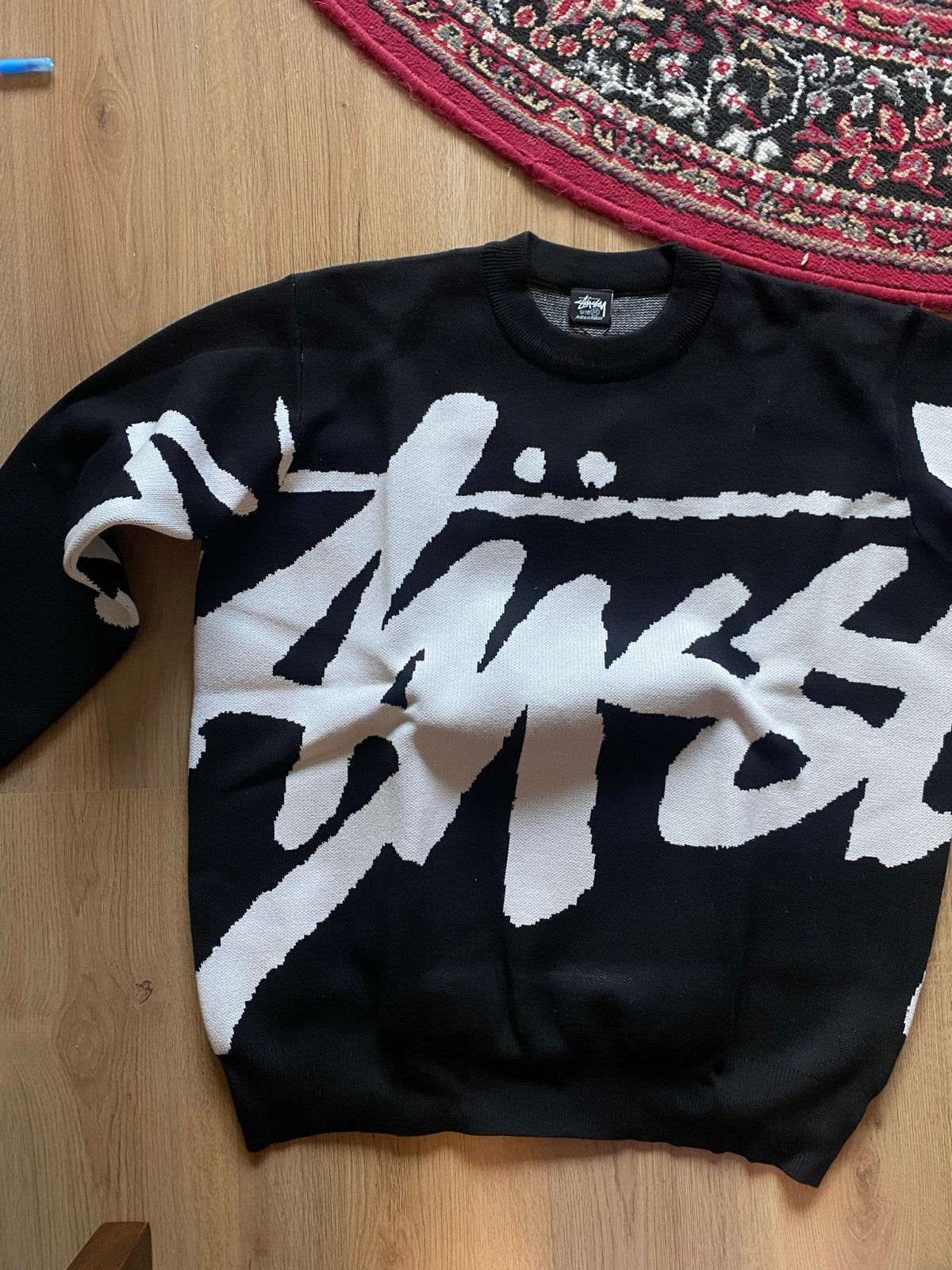 Stussy Big Logo Knit Sweater Zwart Wit Maat L, Verzenden, Zo goed als nieuw, Maat 52/54 (L), Zwart