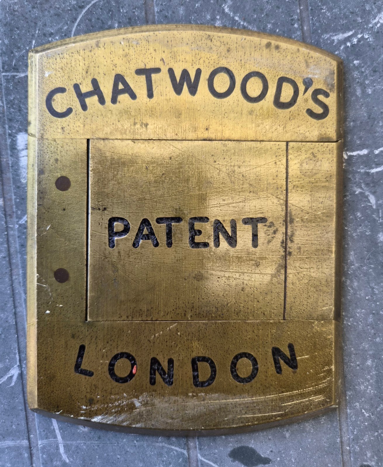 Antieke koperen slotplaat van Chatwood's kluis, Londen, Ophalen of Verzenden, Koper