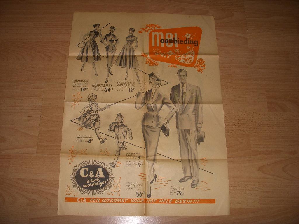 Leuke reclamefolder/krant mei aanbiedingen C & A rond 1950, Boeken, Catalogussen en Folders, Folder, C & A kleding, mei aanbieding