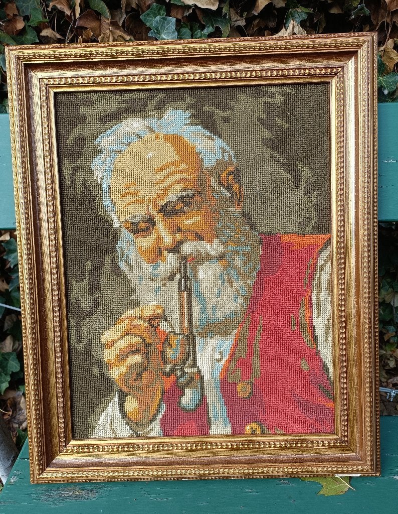 Hand geborduurd schilderij boer met pijp 45 x 55 cm (34x44), Hobby en Vrije tijd, Ophalen of Verzenden, Gebruikt, Handborduren