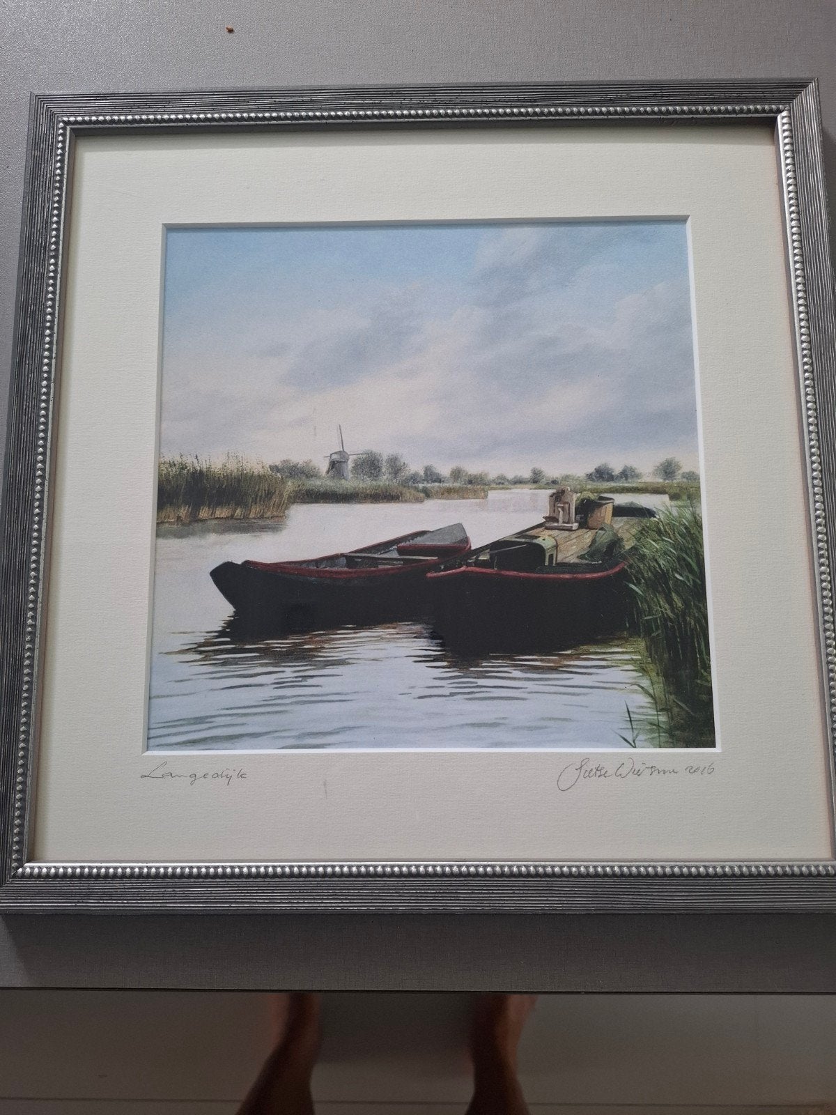 Landschap met boten en molen - Gesigneerd, Ophalen of Verzenden