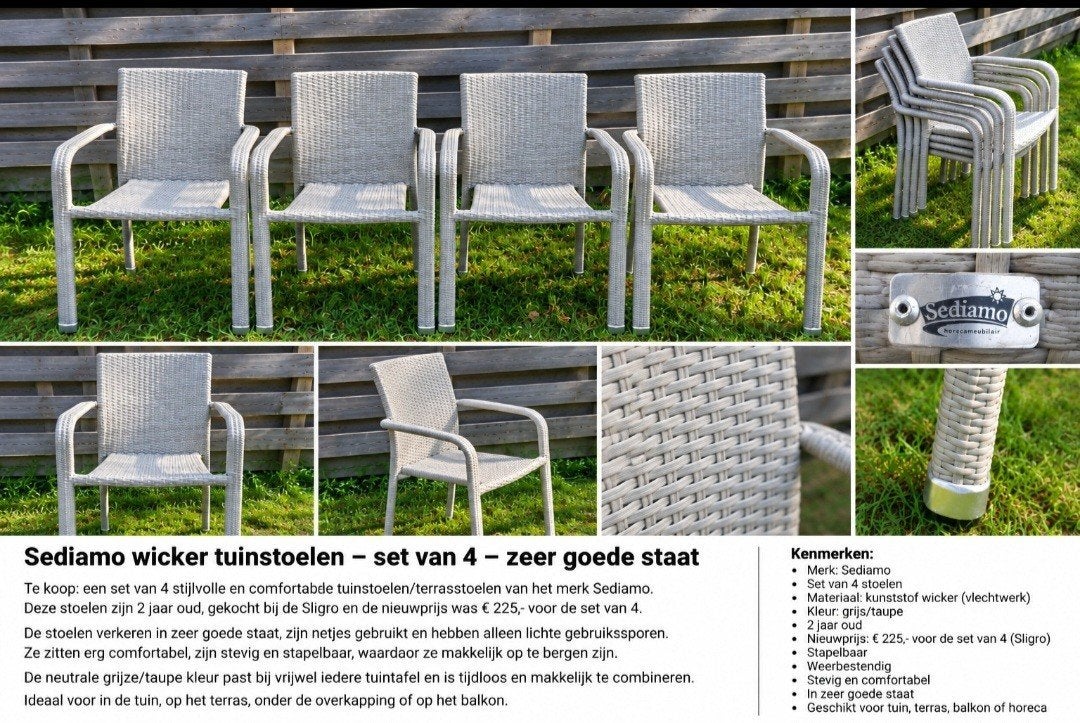 Sediamo wicker tuin/terras stoelen set van 4, Ophalen, Zo goed als nieuw, Wicker, Stapelbaar