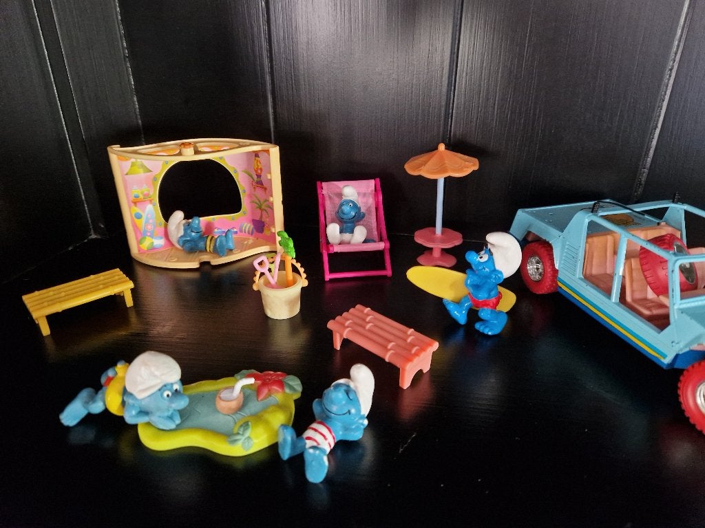 5 Smurfen op vakantie met Lamborghini auto huisje en meer, Verzamelen, Smurfen, Zo goed als nieuw, Poppetje, Figuurtje of Knuffel