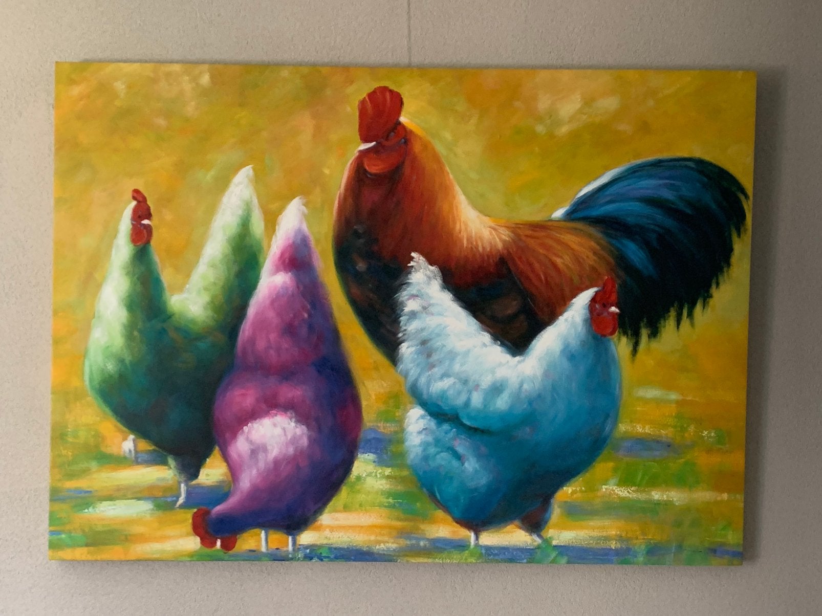 Prachtig olieverf schilderij “ Haan met kippen”, Antiek en Kunst, Ophalen