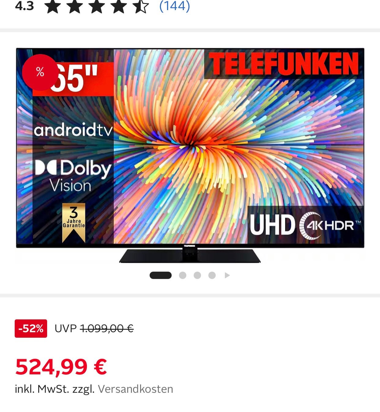 Smart Tv Telefunken 65 inch met software fout, Gebruikt, 50 Hz, 100 cm of meer, 4k (UHD)
