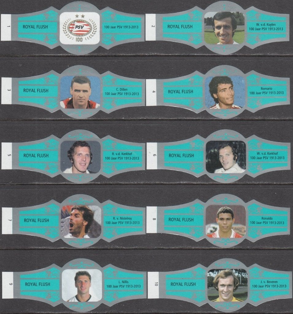 Sigarenbanden van P.S.V. 100 Jaar, Royal Flush 1-10 groen-z., Ophalen of Verzenden, Nieuw, Sigarenbandjes