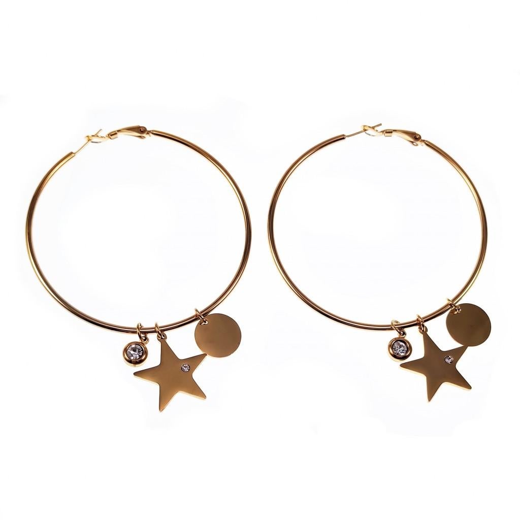 Ø60mm Ster Oorringen Dames Stalen Goudkleur Orbellen, Met kristal, Overige materialen, Hangers, Birgitta-Gracht 33, 6465 EL Kerkrade, Nederland