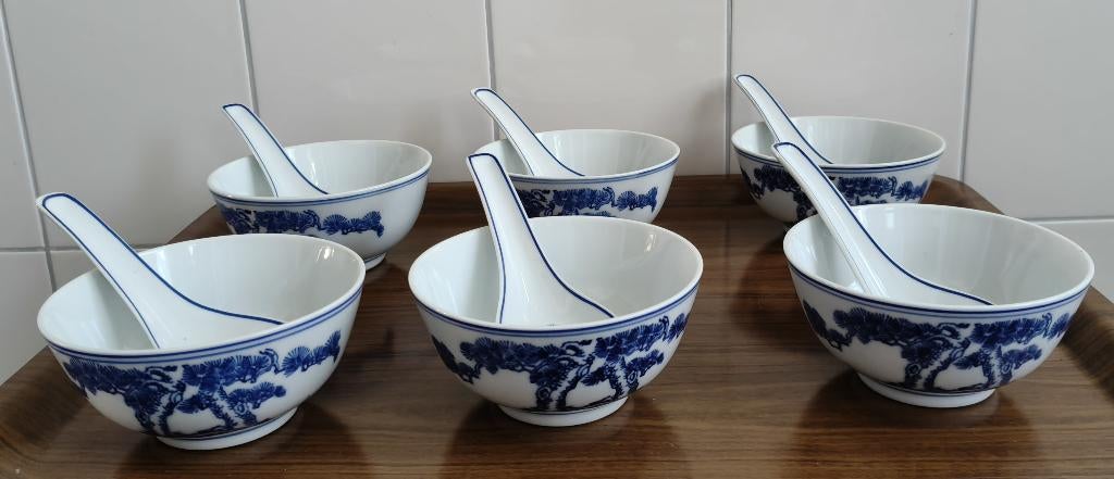 Vintage Chinees porselein rijst-/soepkom & lepel 6 x, € 45,-, Ophalen of Verzenden
