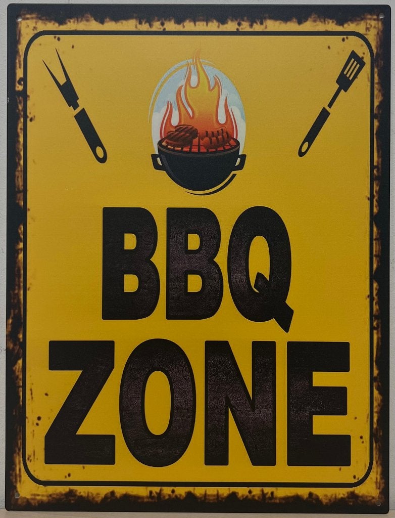 BBQ Zone geel barbecue reclamebord van metaal wandbord deco, Info@deconoord.nl, Deco Noord, Nieuw, Ophalen of Verzenden