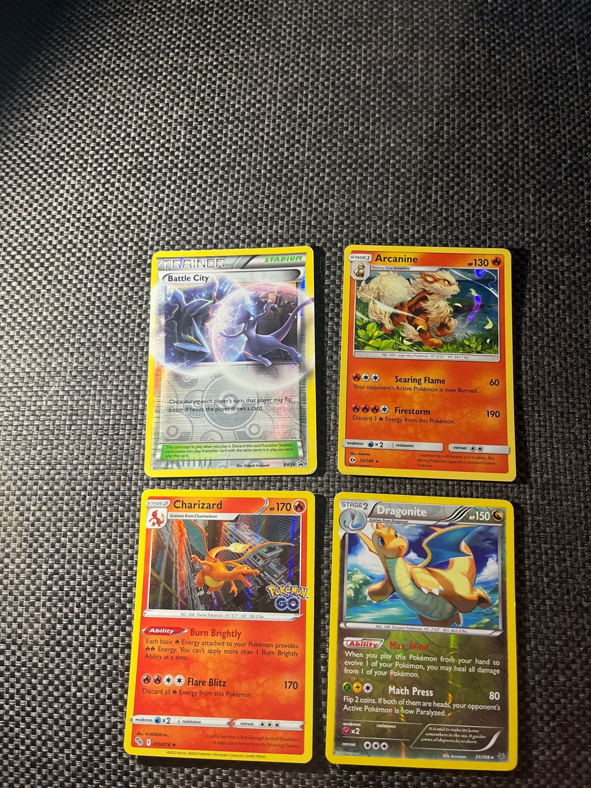 Pokémon kaarten: Charizard, Dragonite, Arcanine, Battle City, Ophalen of Verzenden, Gebruikt, Meerdere kaarten