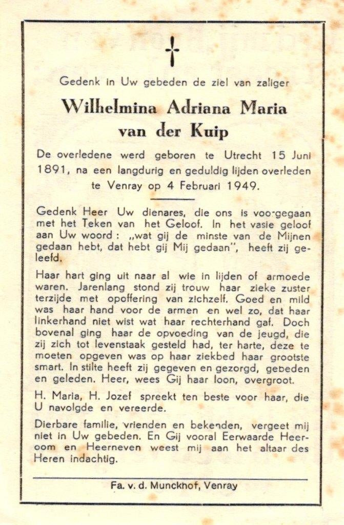 Kuip van der Wilhelmina Adriana M. Utrecht 1891-1949 Venray, Ophalen of Verzenden