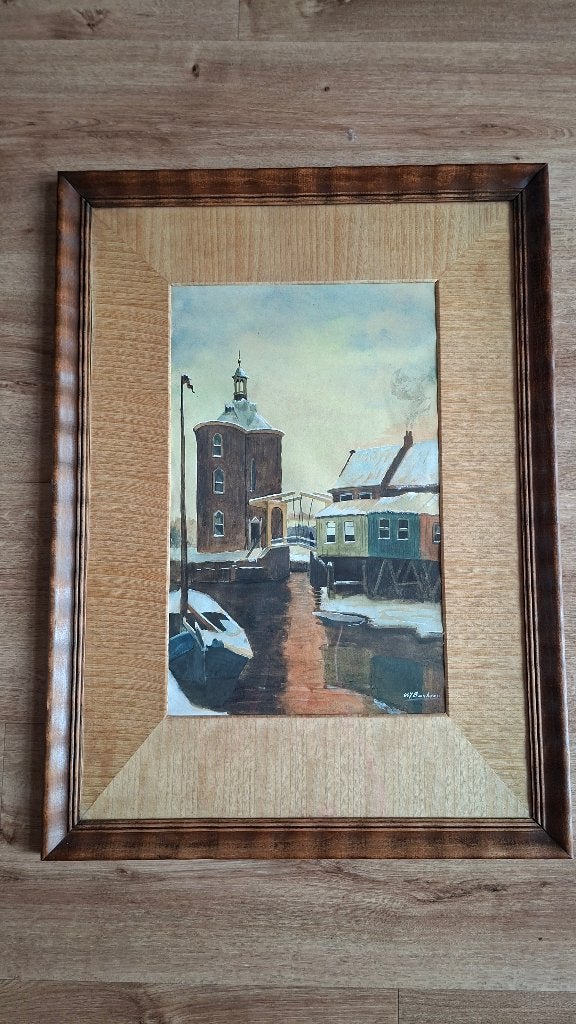 Schilderij drommedaris Enkhuizen in mooie houten lijst, Antiek en Kunst, Ophalen, Klassiek, Gesigneerd, Stads- / dorpsgezicht