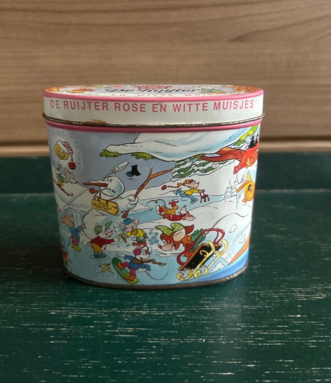 Vintage De Ruijter ovaal blikje witte/roze muisjes, Verzamelen, Ophalen of Verzenden, Gebruikt, Overige, Overige merken