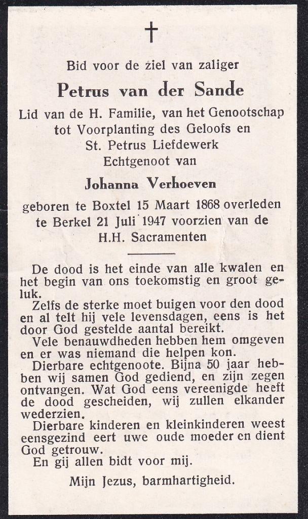 Sande Petrus 1868 Boxtel 1947 Berkel, Ophalen of Verzenden, Bidprentje
