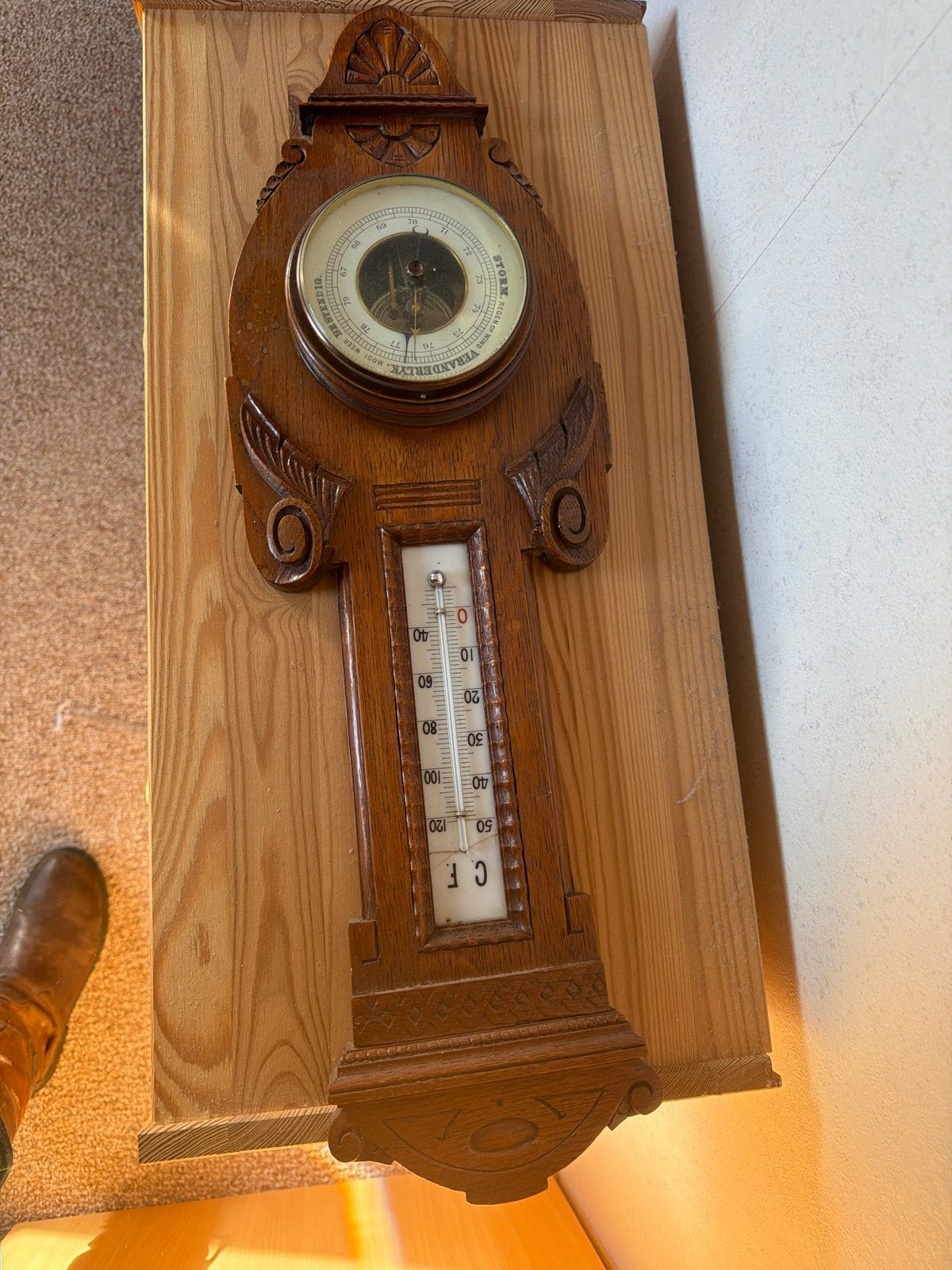 Antieke Barometer met Thermometer - Houtsnijwerk, Ophalen, Gebruikt, Barometer