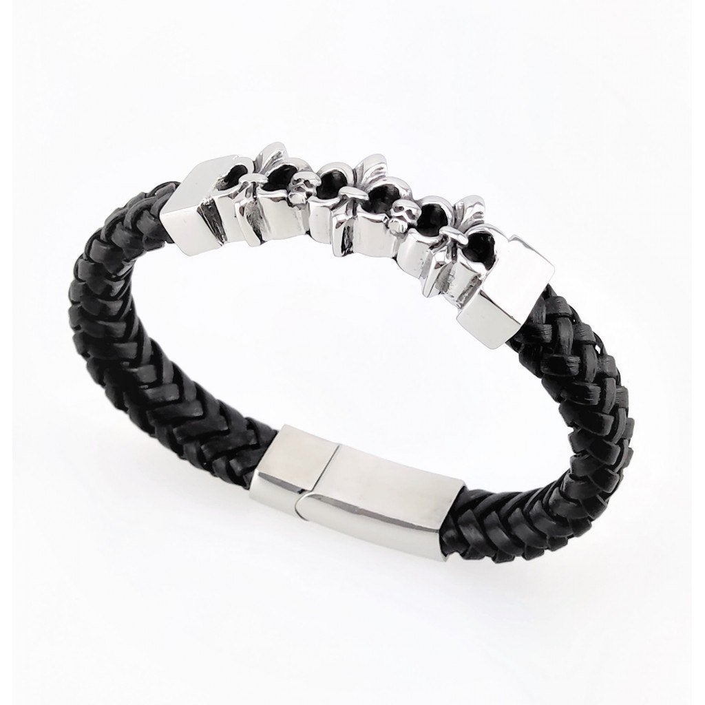 Zwart Gevlochten Leren Armband met RVS 3-Lelie Bloem, Staal, Birgitta-Gracht 33, 6465 EL Kerkrade, Nederland, Verzenden, Nieuw