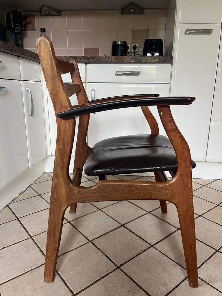 Midcentury scandi eetkamerstoel met armleuning en bruin leer, Antiek en Kunst, Ophalen