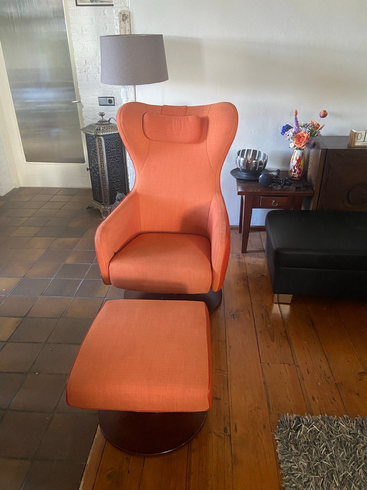 Prominent fauteuil met voetenbank - Oranje, Ophalen, Gebruikt, Overige kleuren, Eén