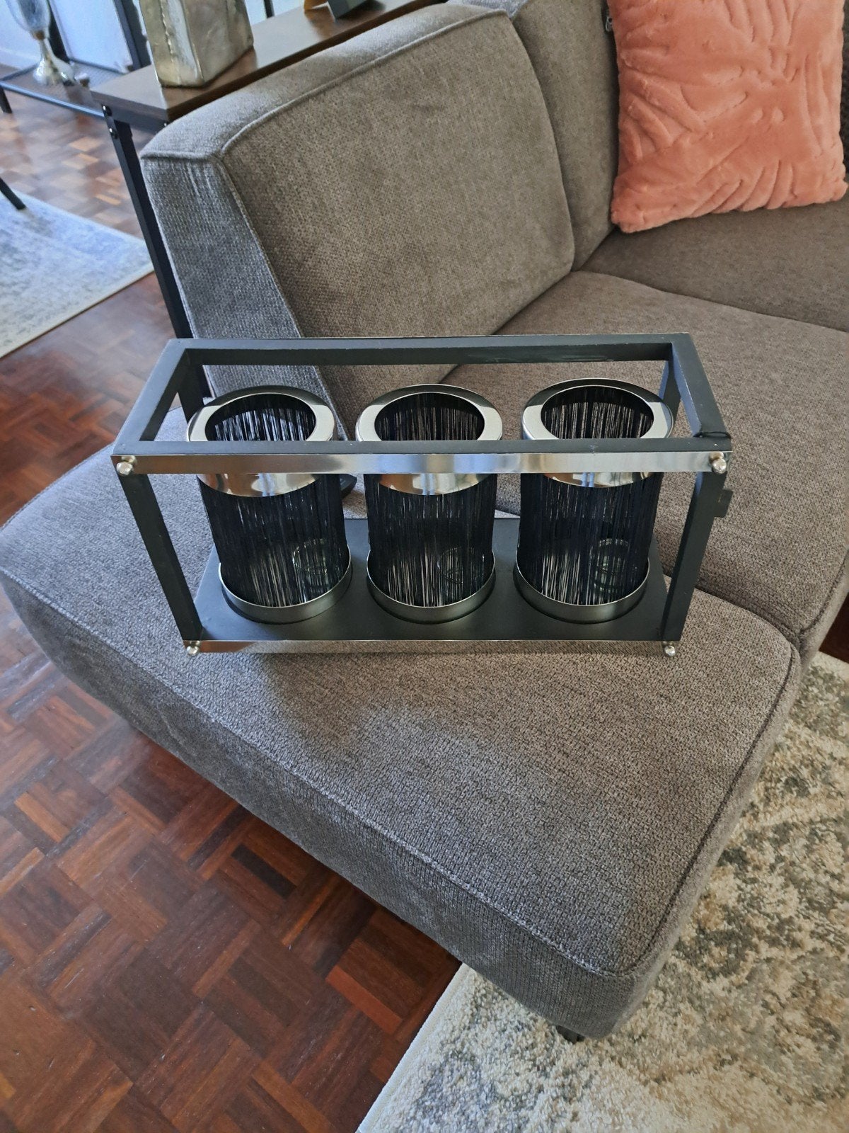 windlicht zwart met zilver, Huis en Inrichting, Woonaccessoires | Kandelaars en Kaarsen, Ophalen of Verzenden, Zwart, Metaal