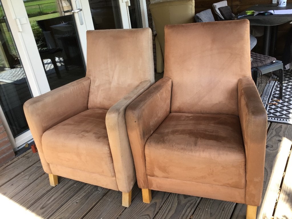 2 terra kleurige fauteuils, Huis en Inrichting, Fauteuils, Ophalen, Gebruikt, 75 tot 100 cm, 50 tot 75 cm