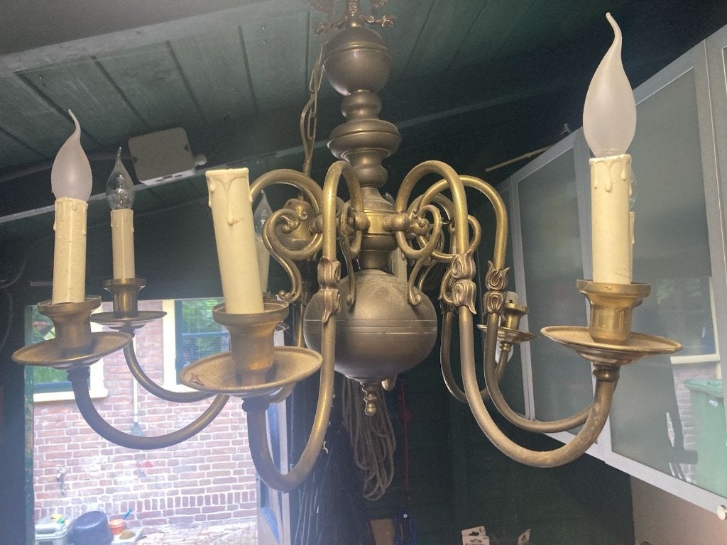 kroonluchter, Huis en Inrichting, Lampen | Kroonluchters, Ophalen, Gebruikt, Mooie koperen kroon maar vraagt klussen., E14 (klein)