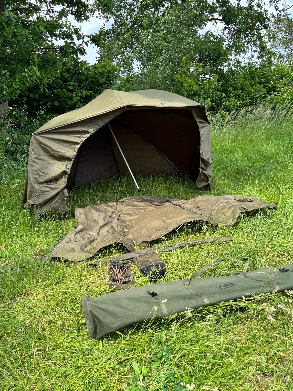 Fox Supa Brolly 60 System MK2 met waterdicht en mossy front, Ophalen, Gebruikt, Overige typen