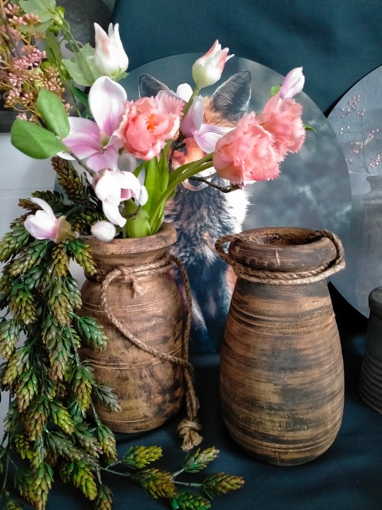 Houten Nepalese potten uit India met stoer touw, Hout, Nieuw, Ophalen of Verzenden, Landelijk