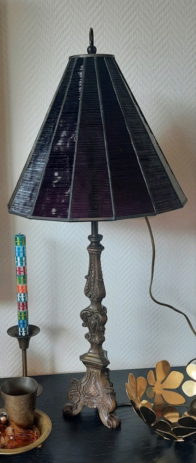 Barok stijl tafellamp patina messing voet, lees beschrijving, Huis en Inrichting, Ophalen of Verzenden, Zo goed als nieuw, Glas