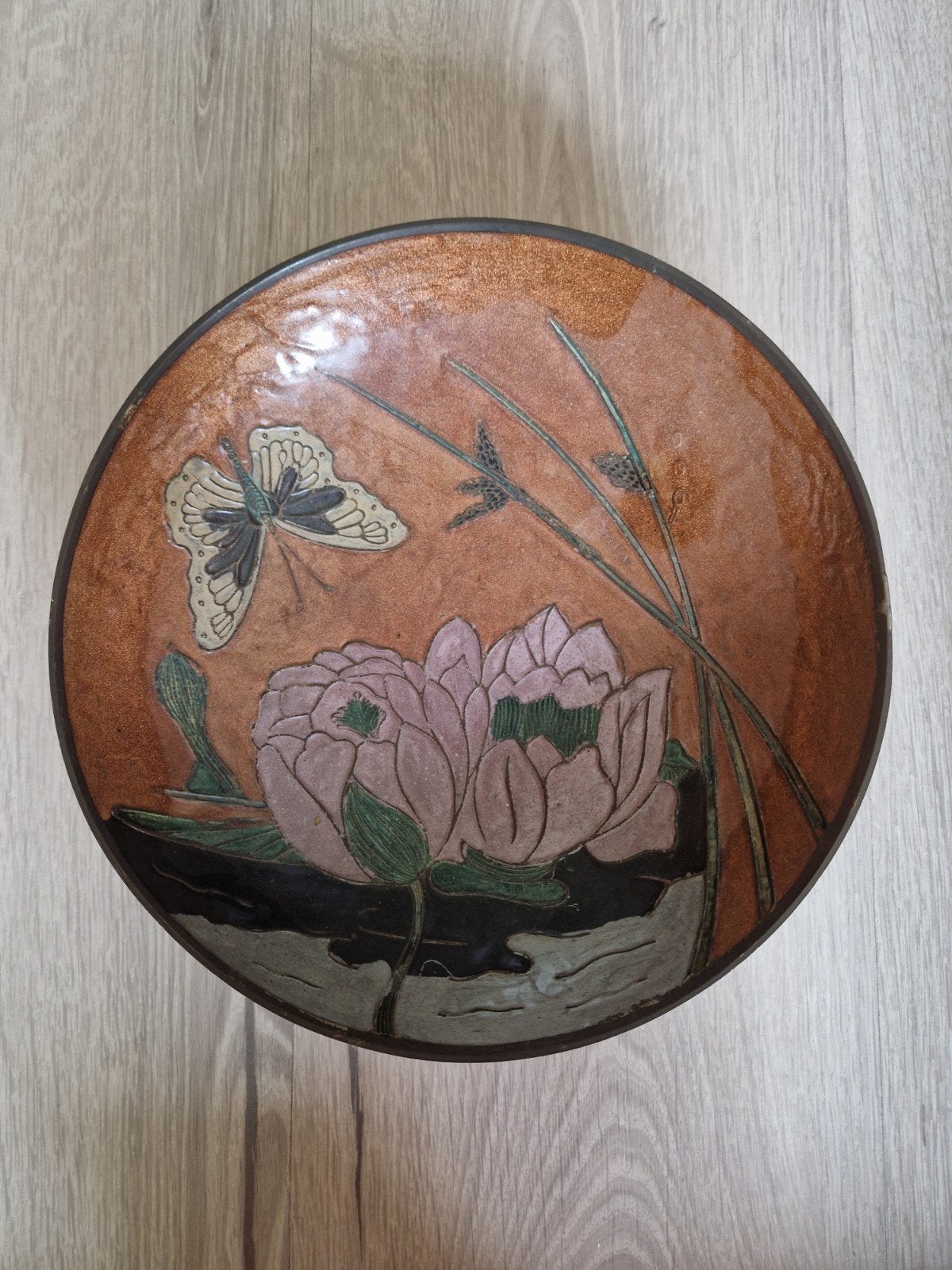 Vintage schaal lotusbloem en vlinder, Ophalen of Verzenden